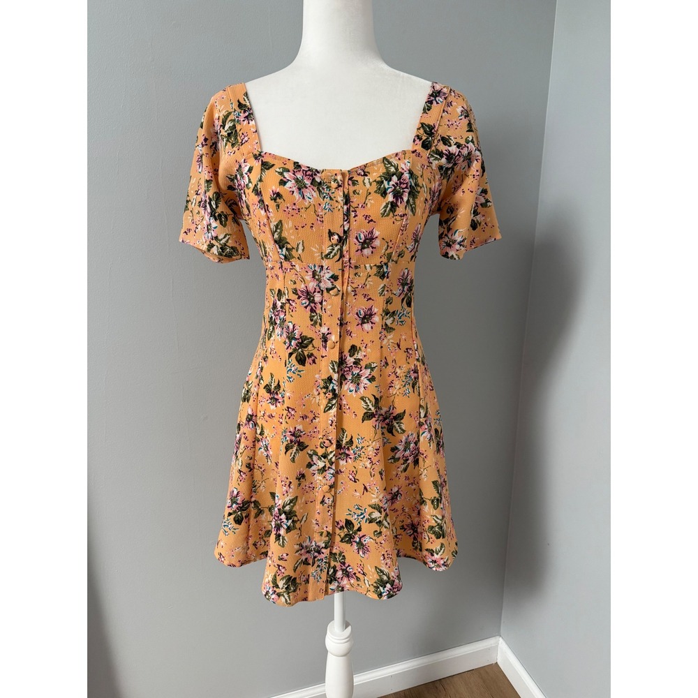 Flynn Skye Women's Nyla Mini Dress Orange Floral Button Front Sz M Cottagecore